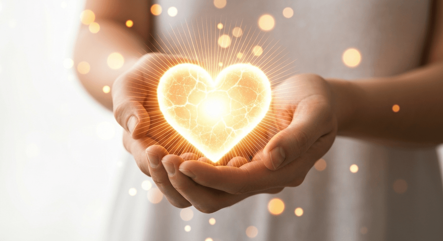 Hands holding glowing heart-shaped light with golden rays. Hands holding glowing heart-shaped light with golden rays.
