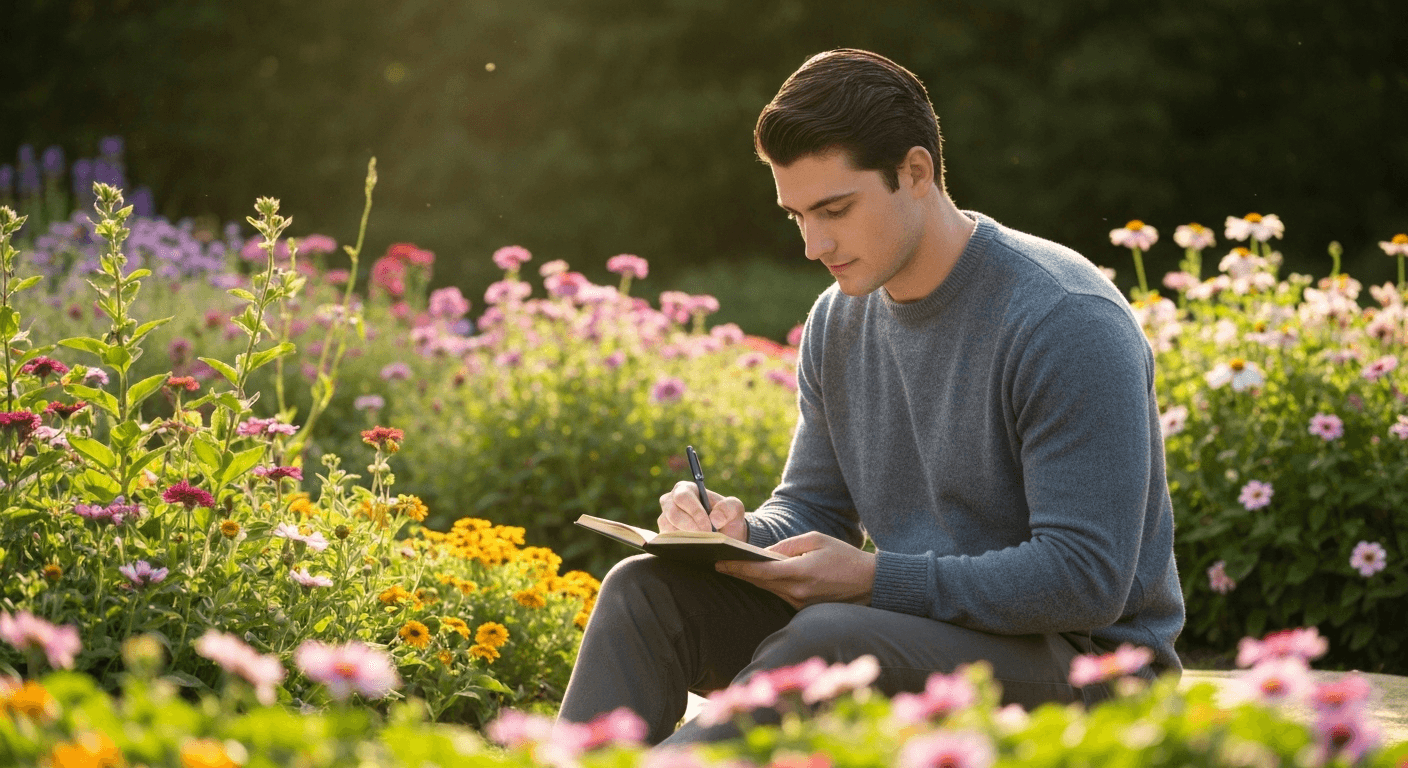 Person writing in sunlit blooming garden peacefully. Person writing in sunlit blooming garden peacefully.
