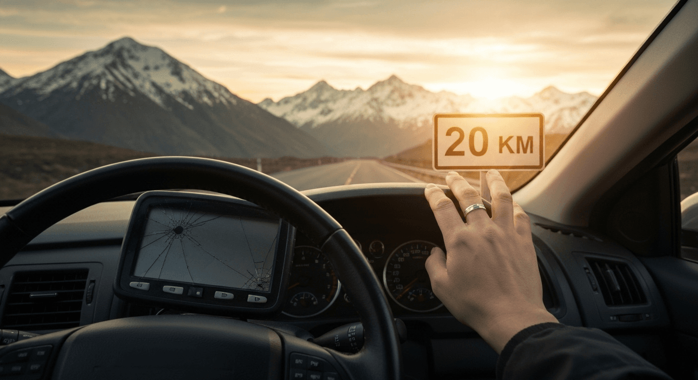 Cracked GPS device on dashboard, mountains ahead. Cracked GPS device on dashboard, mountains ahead.