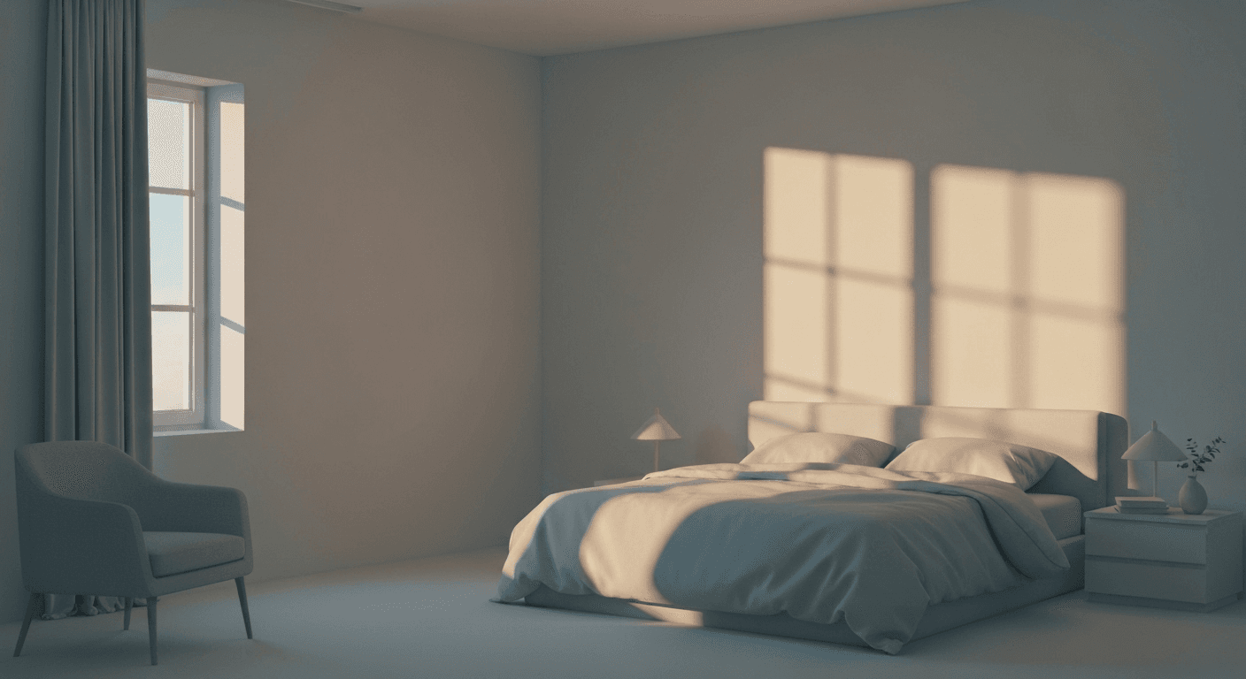 Dreamy bedroom with morning light streaming through window. Dreamy bedroom with morning light streaming through window.