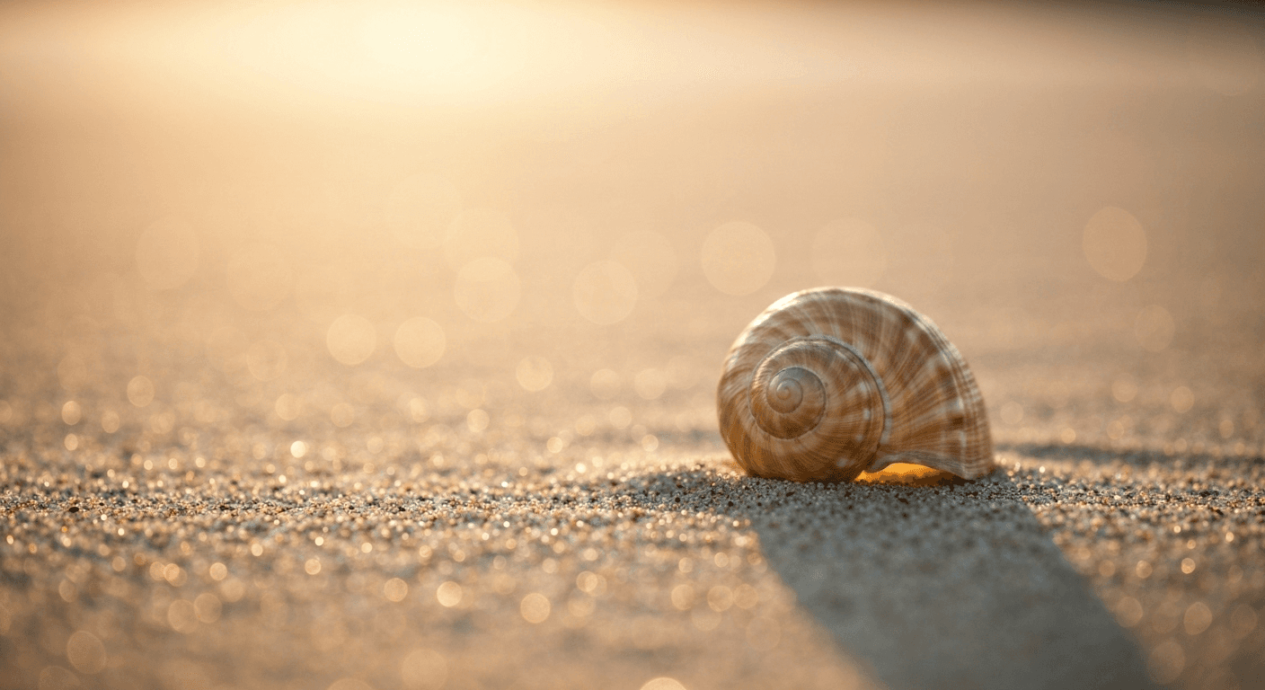 Golden spiral shell on sand with backlighting. Golden spiral shell on sand with backlighting.