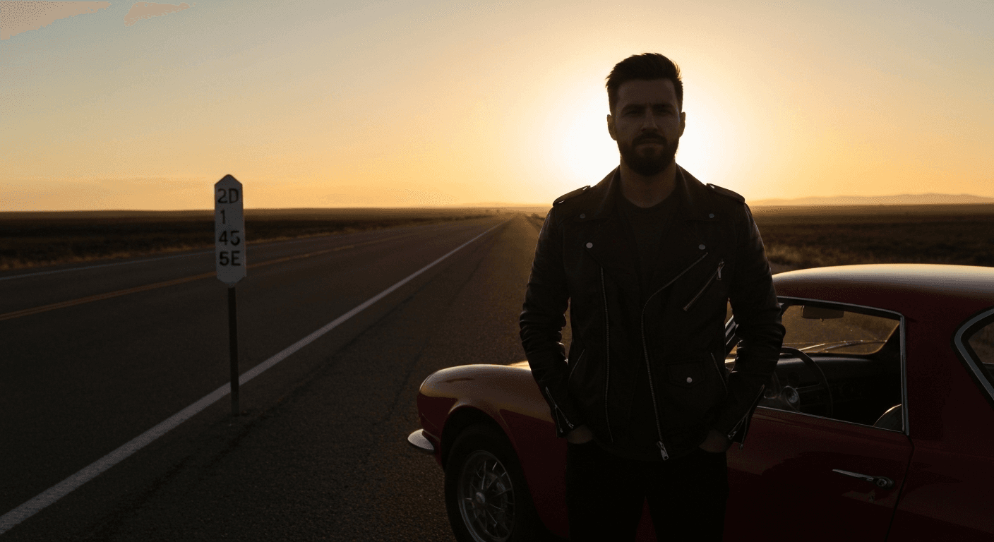Golden sunset silhouette person car remote highway. Golden sunset silhouette person car remote highway.