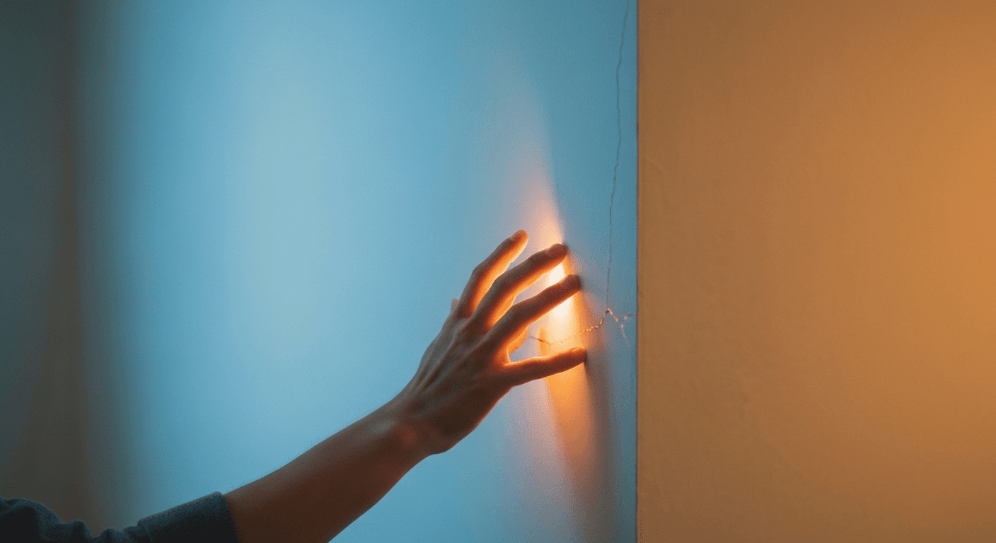 Hand reaching toward transparent wall testing reality. Hand reaching toward transparent wall testing reality.