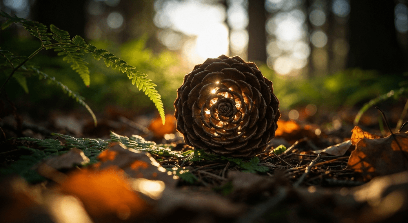 Morning light through pinecone's spiral structure. Morning light through pinecone's spiral structure.