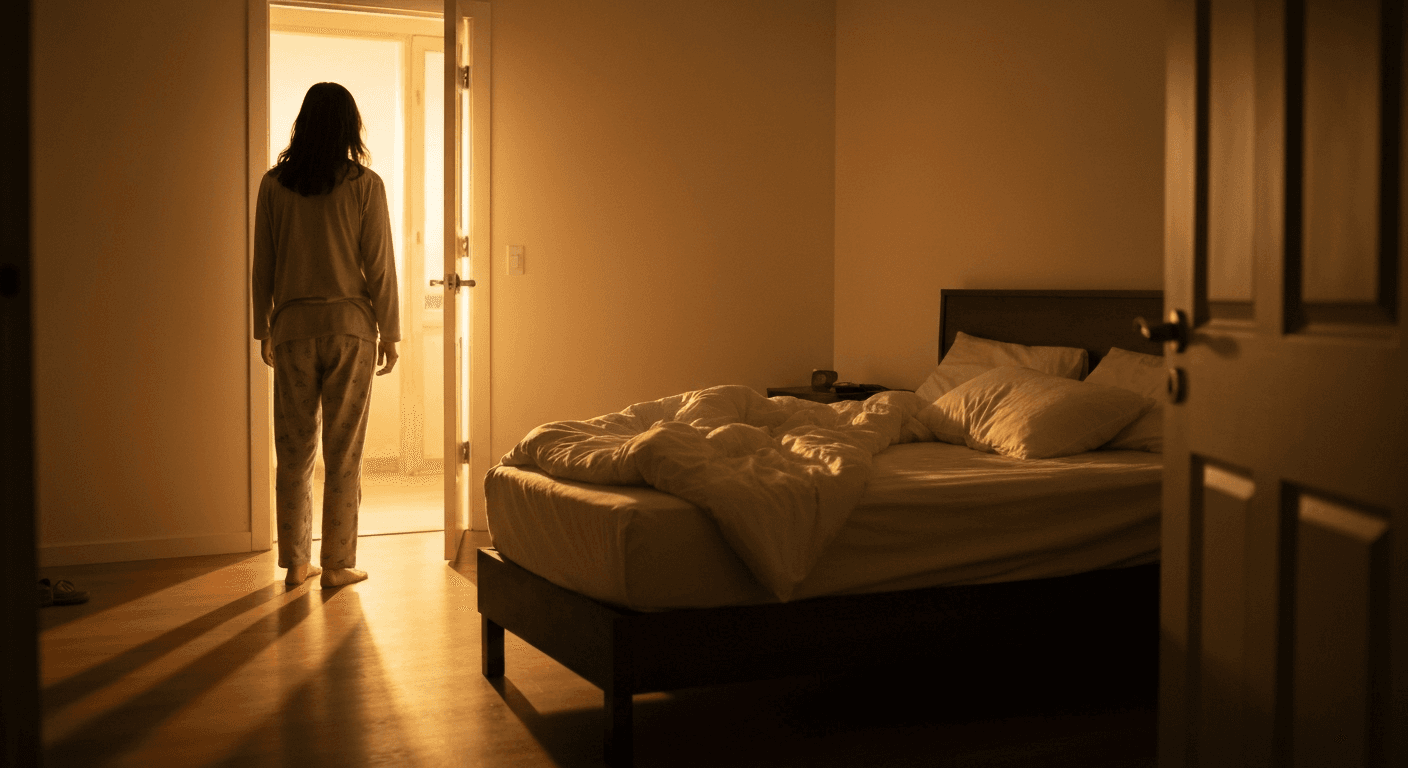 Person in doorway viewing unmade bed, golden hour. Person in doorway viewing unmade bed, golden hour.