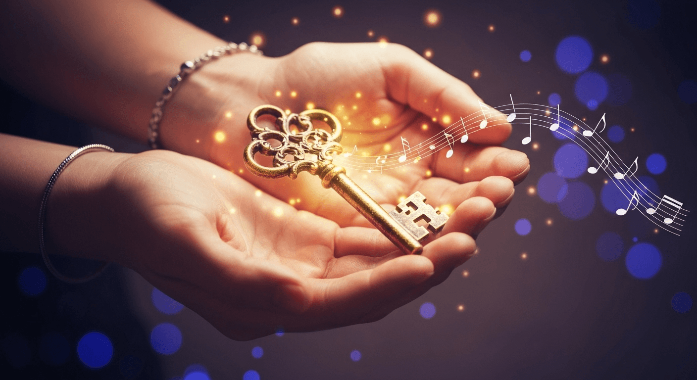 Hands holding glowing vintage key with musical notes. Hands holding glowing vintage key with musical notes.