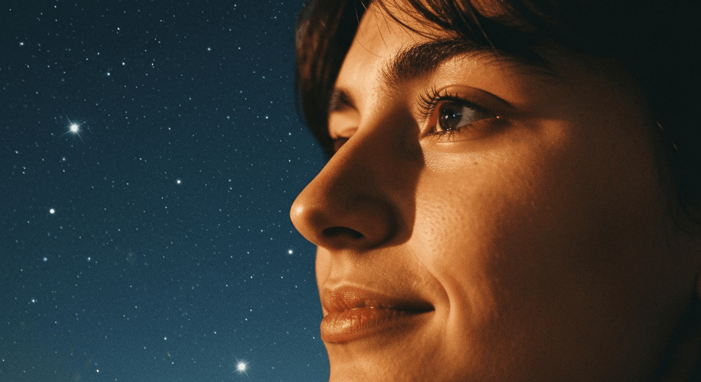 Profile face against starry night sky, photorealistic. Profile face against starry night sky, photorealistic.