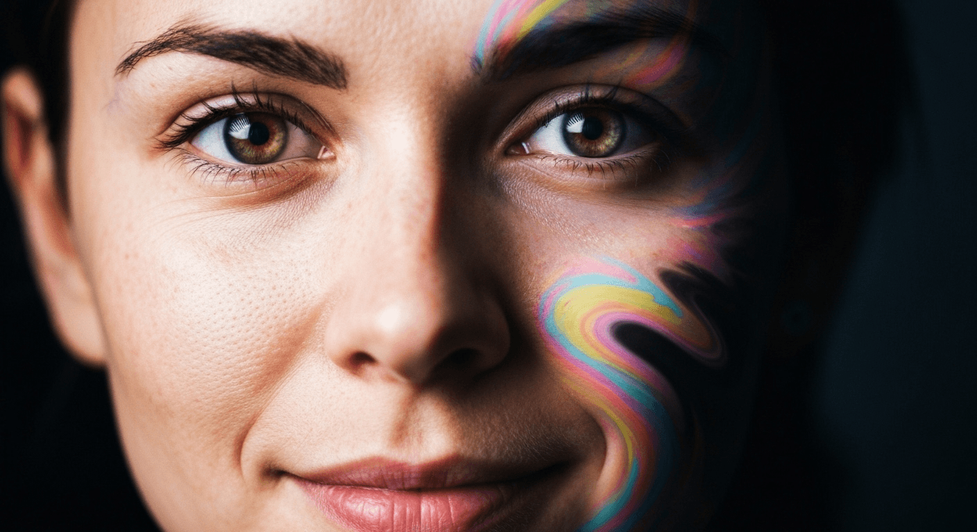 Face split between realistic and fantastical halves. Face split between realistic and fantastical halves.