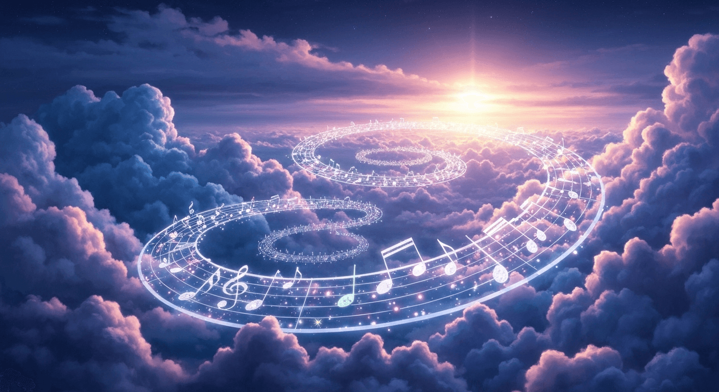 Giant musical scale spiraling through cloudy night sky. Giant musical scale spiraling through cloudy night sky.