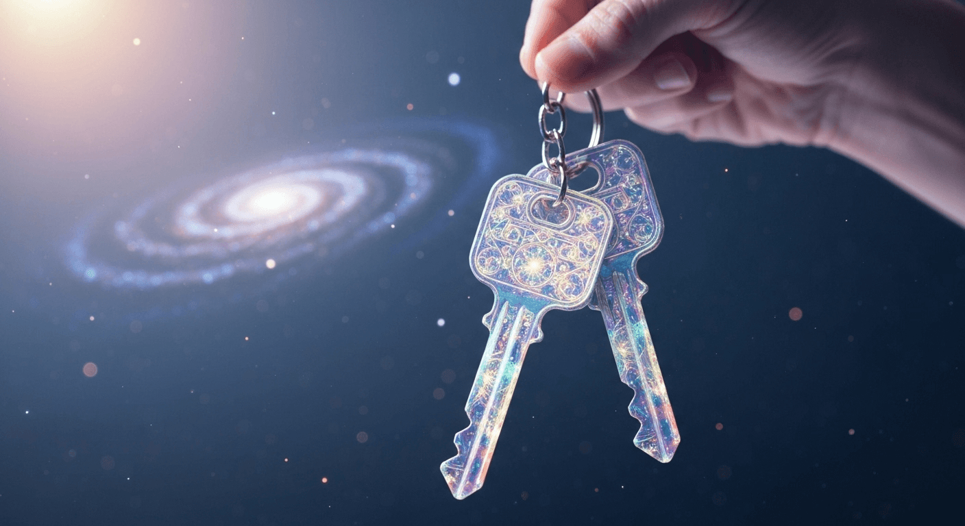 Glowing cosmic keychain floating in starry void. Glowing cosmic keychain floating in starry void.