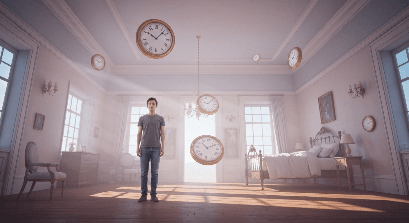 Person examining floating clocks in surreal bedroom. Person examining floating clocks in surreal bedroom.