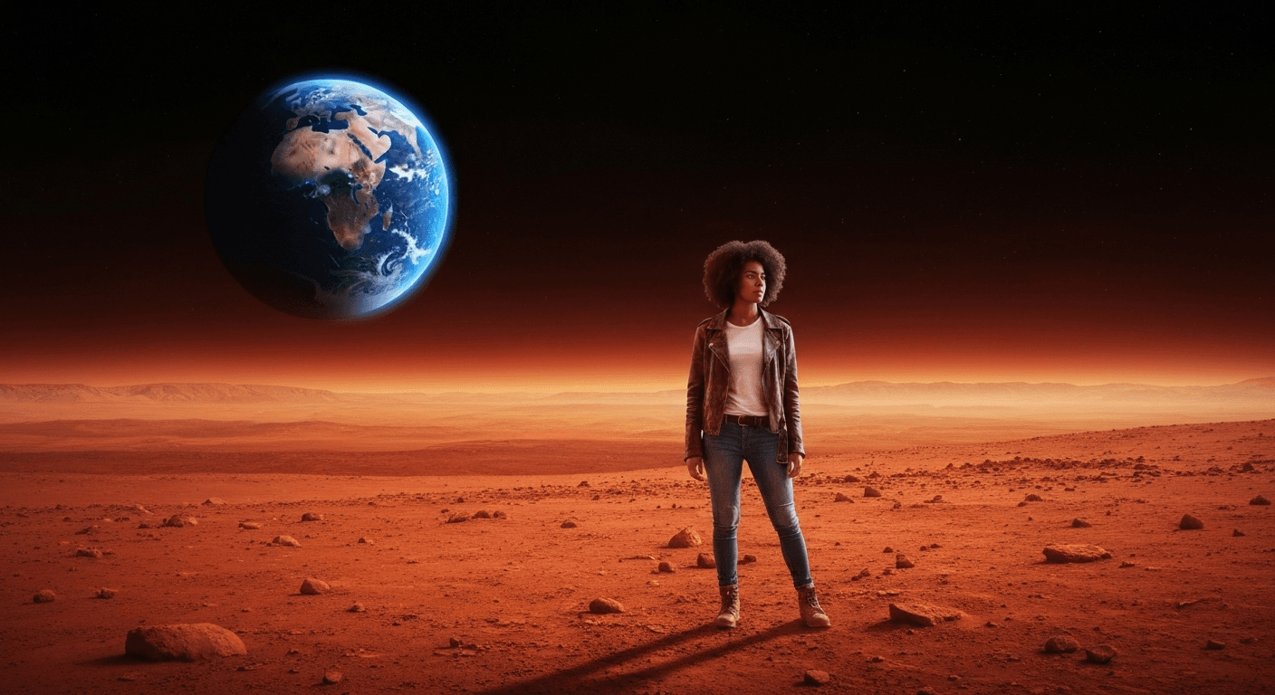 Person on Mars with Earth visible above. Person on Mars with Earth visible above.