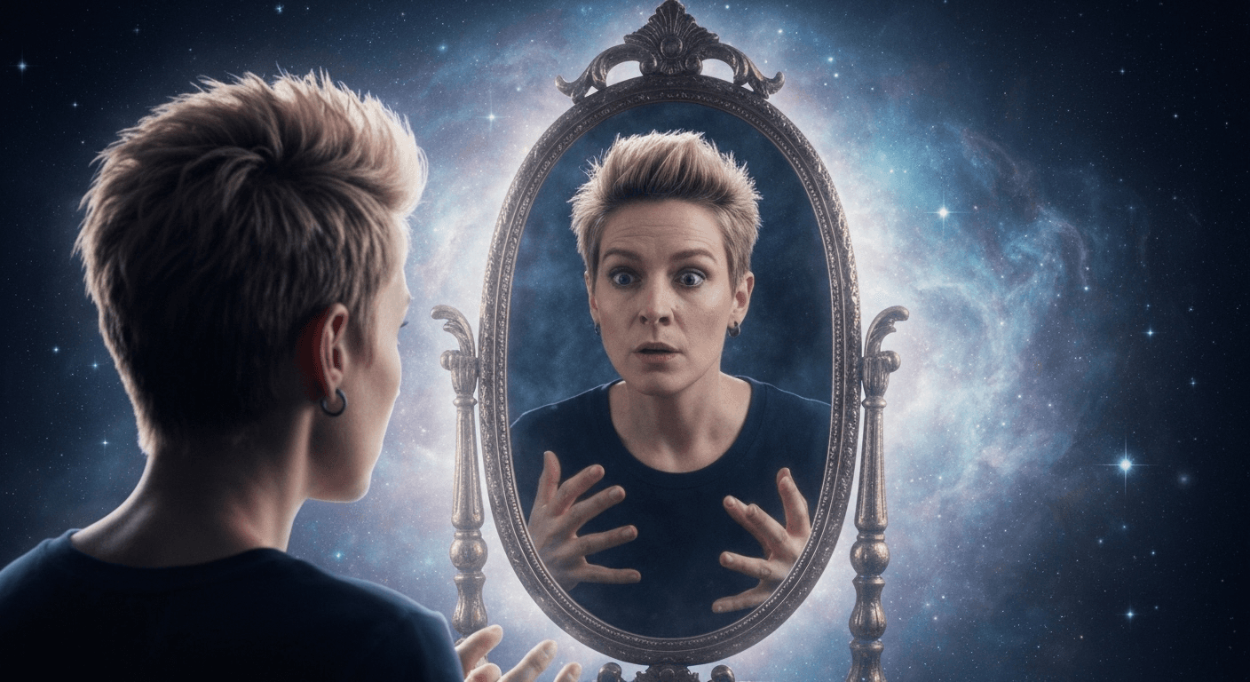 Person's reflection shows different age and gender. Person's reflection shows different age and gender.