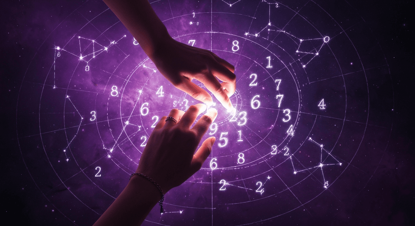 Hands tracing glowing numbers on cosmic star map. Hands tracing glowing numbers on cosmic star map.