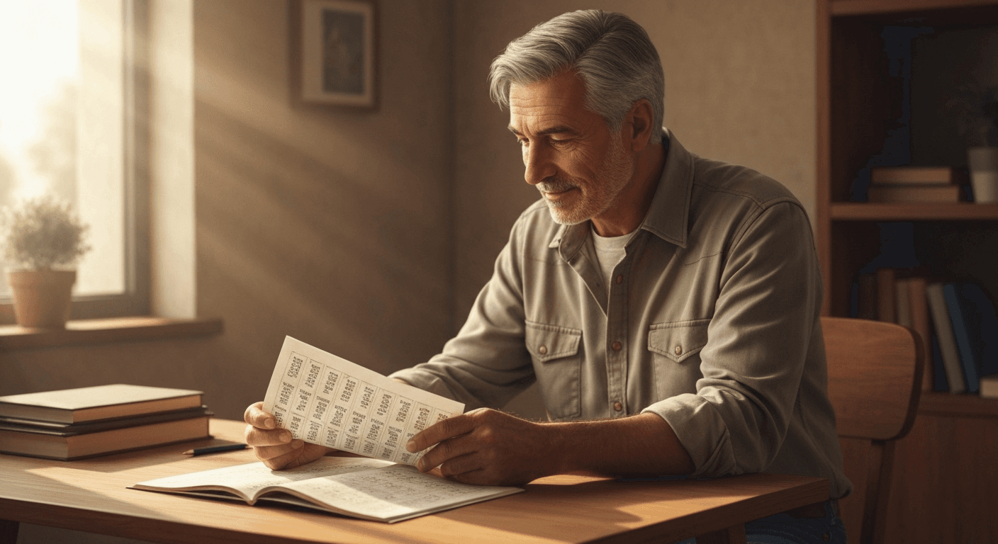 Person studying numerology chart at wooden desk. Person studying numerology chart at wooden desk.