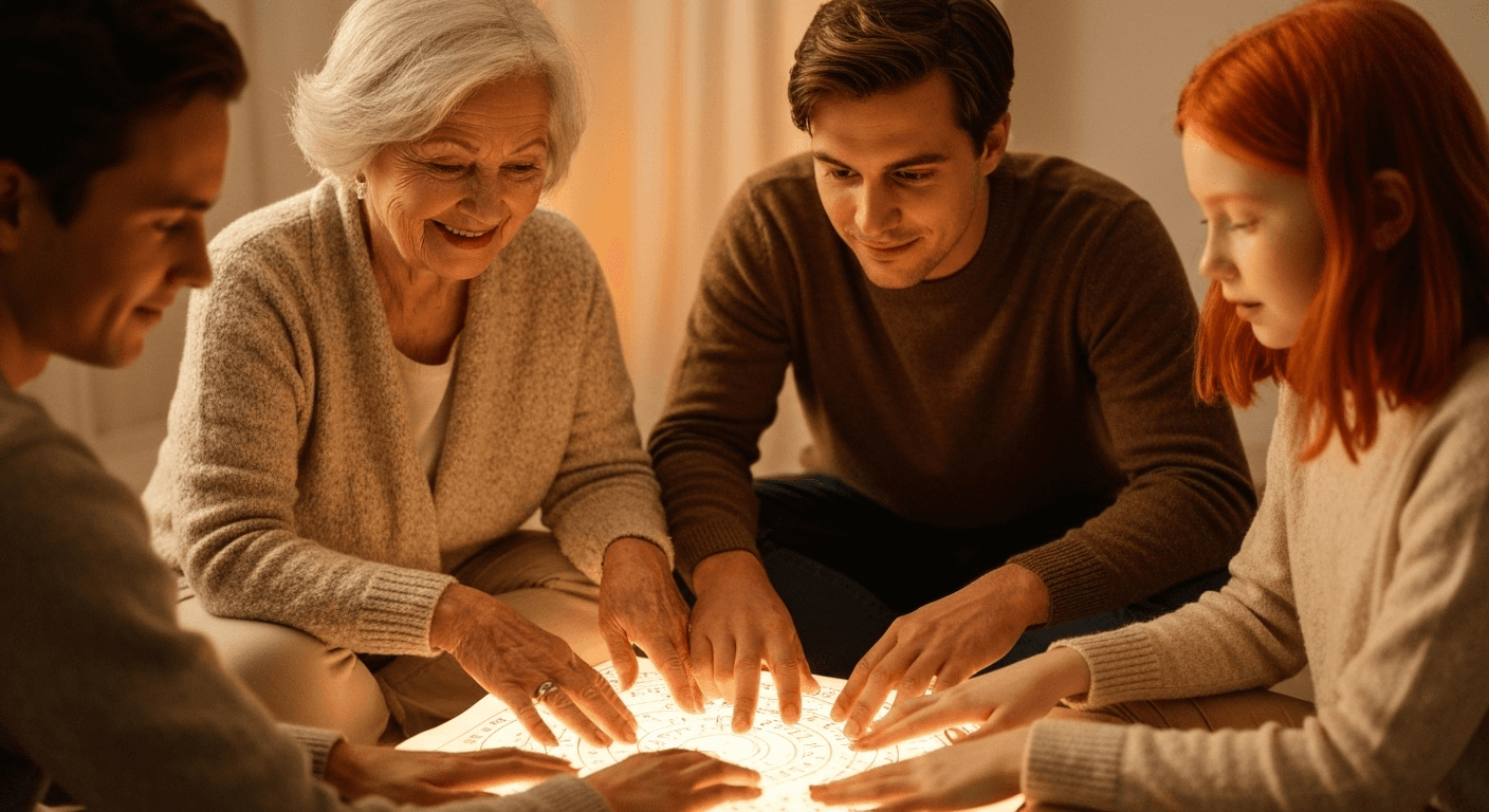 Three generations touching glowing numerology chart together. Three generations touching glowing numerology chart together.