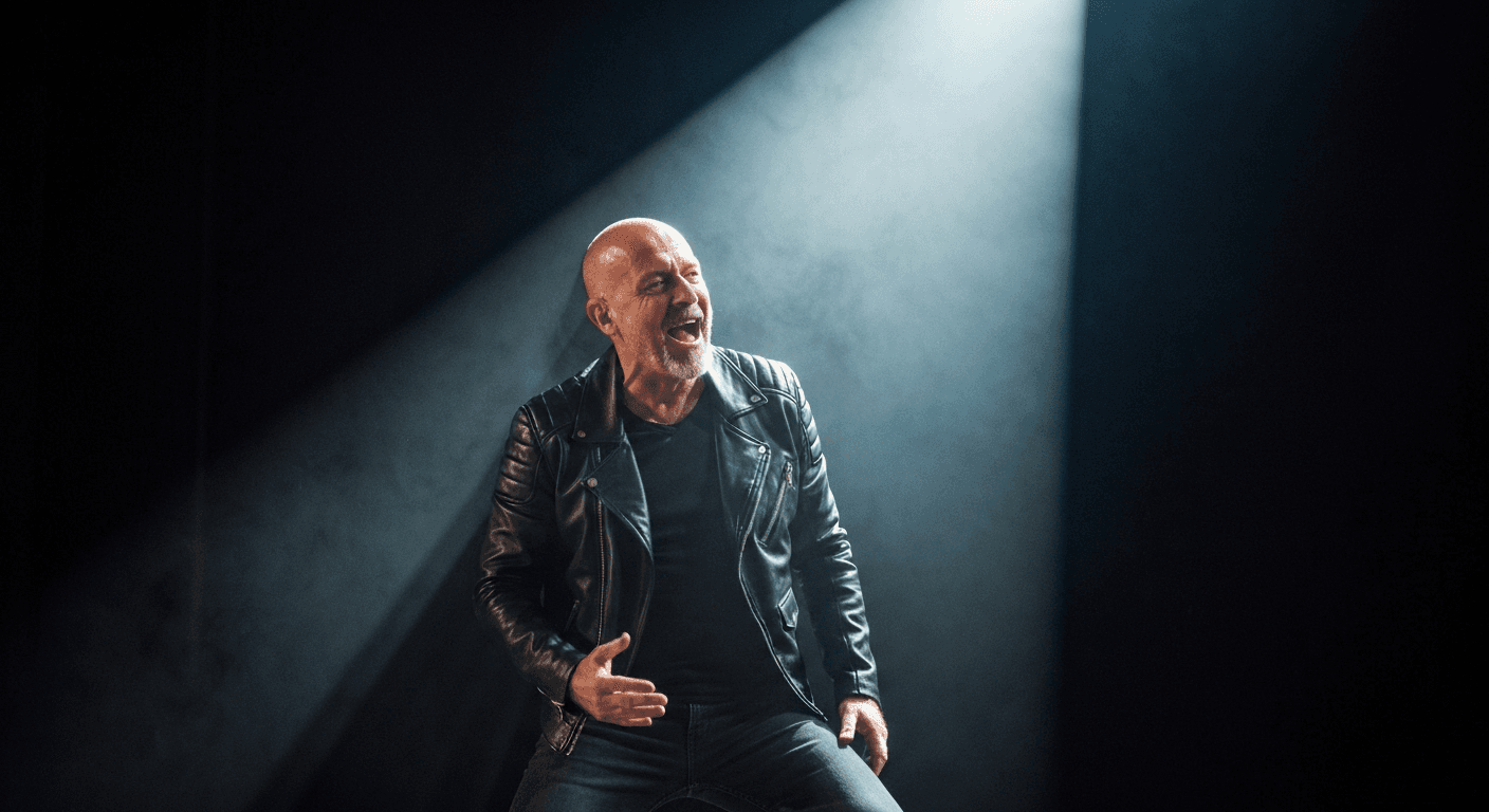 Artist performing on stage with spotlight, expressing joy. Artist performing on stage with spotlight, expressing joy.