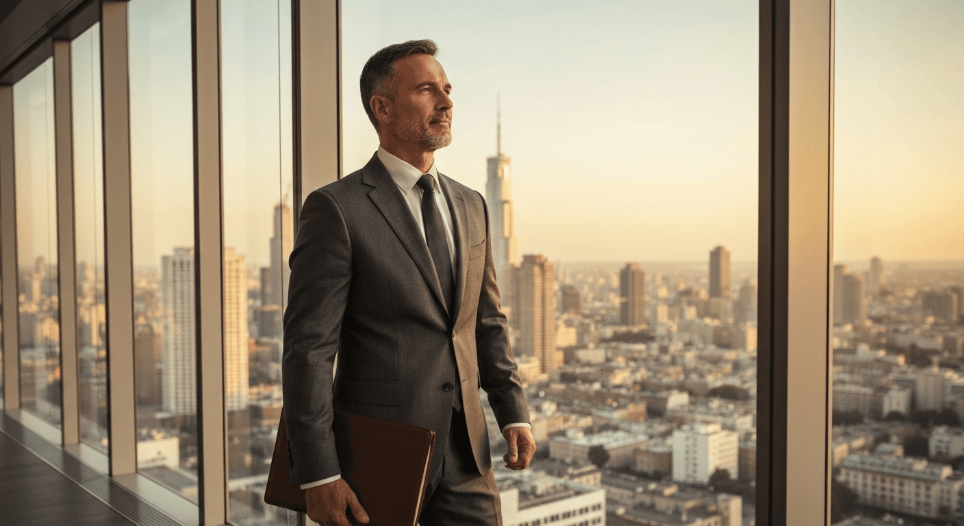 Businessman in suit overlooking city skyline confidently. Businessman in suit overlooking city skyline confidently.