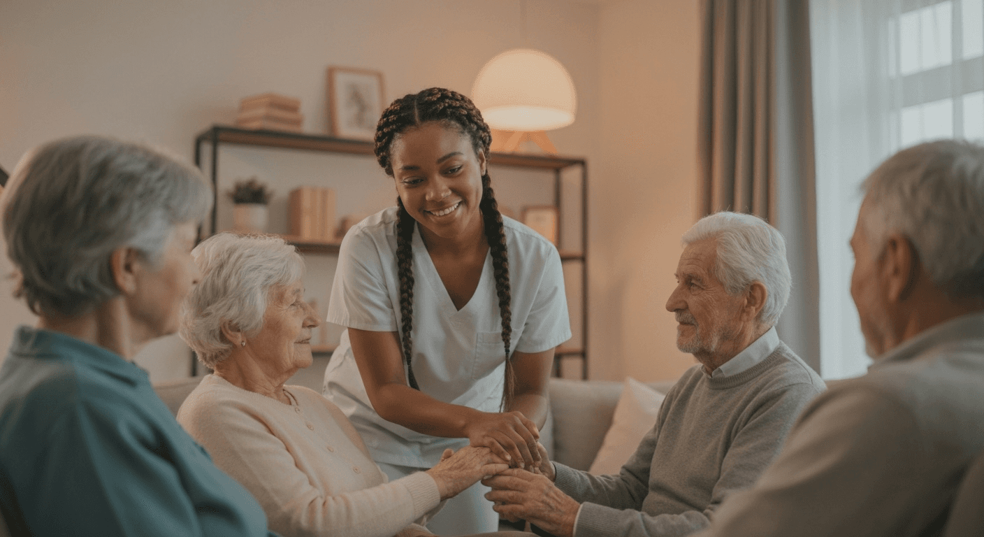 Caregiver helping elderly in warm home setting. Caregiver helping elderly in warm home setting.