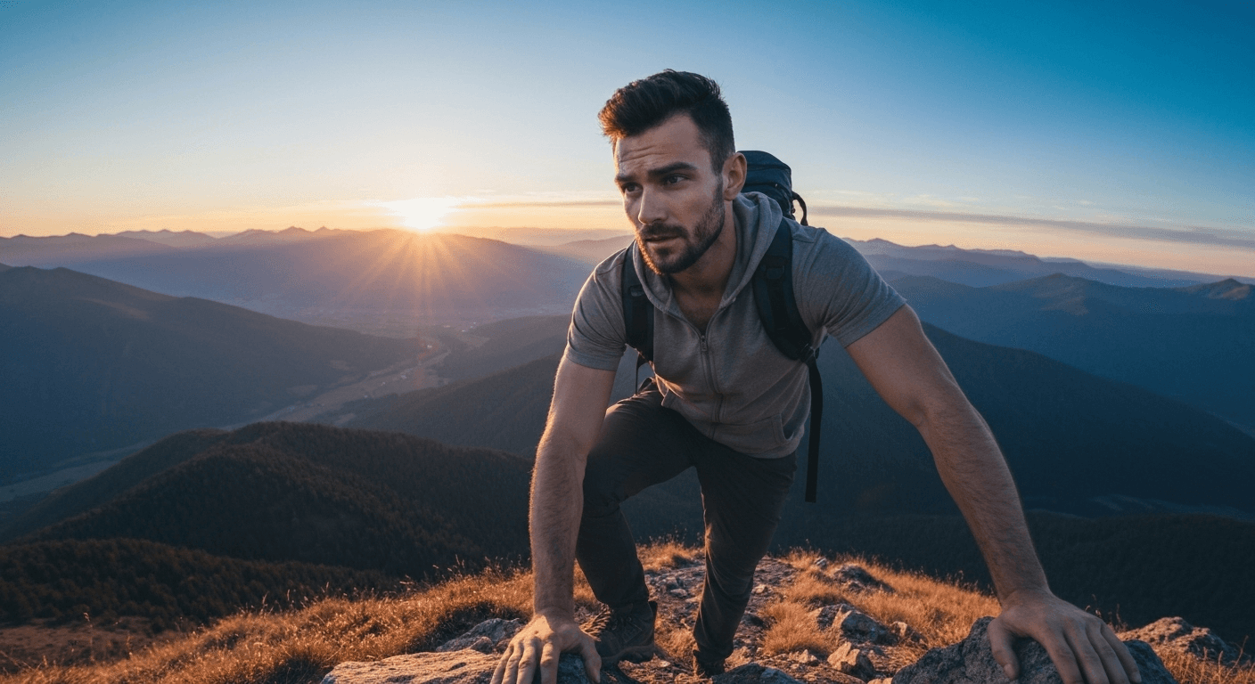 Climber ascending mountain peak at sunrise with valleys. Climber ascending mountain peak at sunrise with valleys.