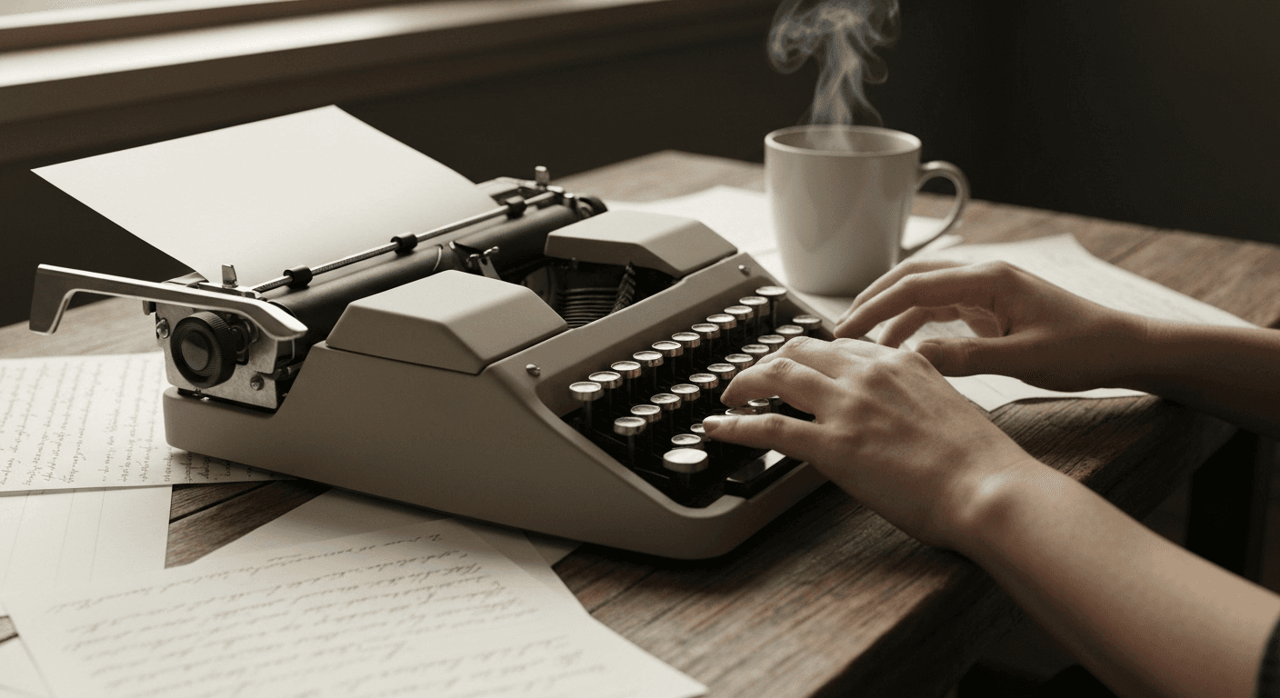 Hands typing on vintage typewriter with manuscript pages. Hands typing on vintage typewriter with manuscript pages.