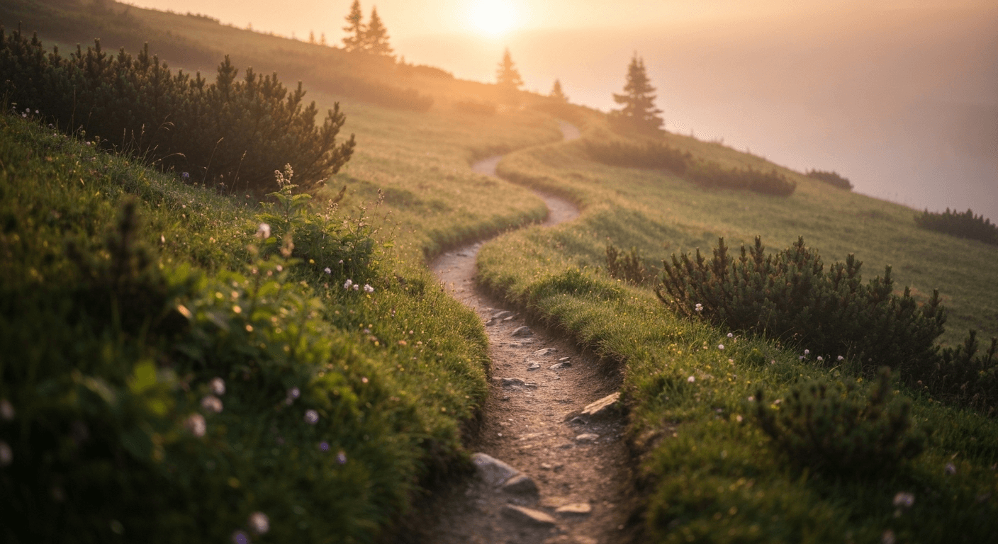 Mountain trail at sunrise with path offshoots. Mountain trail at sunrise with path offshoots.