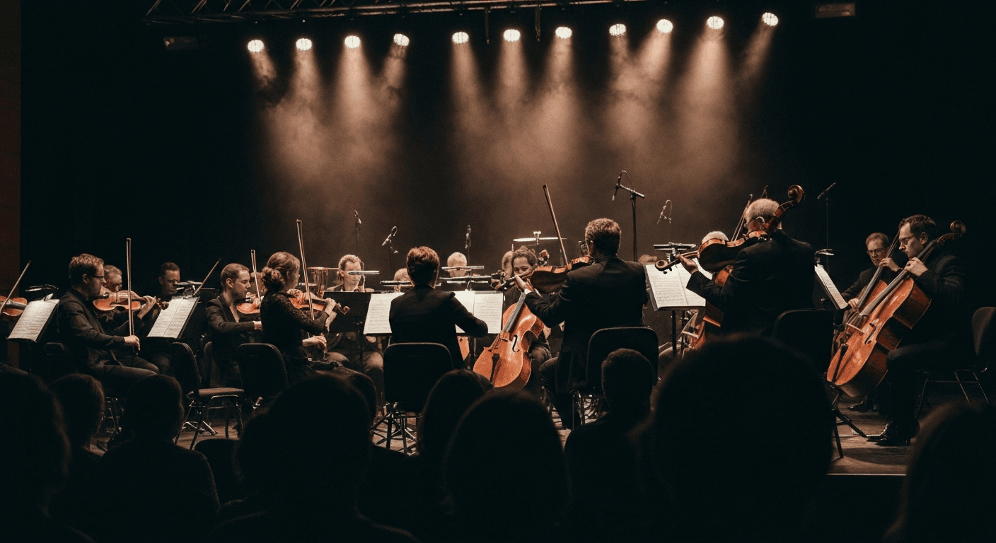 Orchestra performing on stage with audience silhouettes. Orchestra performing on stage with audience silhouettes.