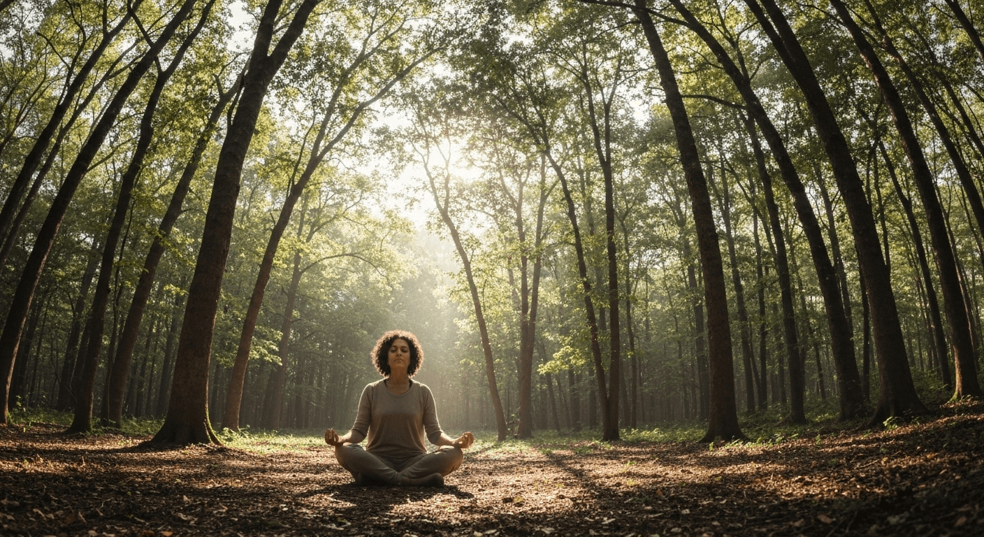 Person meditating peacefully in sunlit forest setting. Person meditating peacefully in sunlit forest setting.