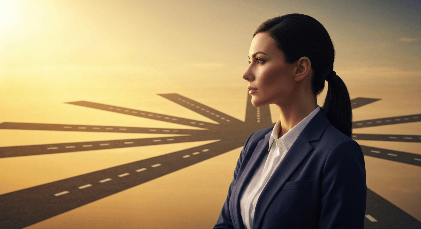 Woman at crossroads, golden sunset, contemplative mood. Woman at crossroads, golden sunset, contemplative mood.