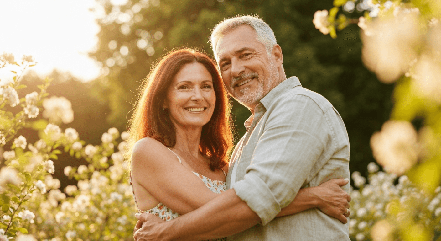 Couple embracing in golden sunlight among flowers. Couple embracing in golden sunlight among flowers.