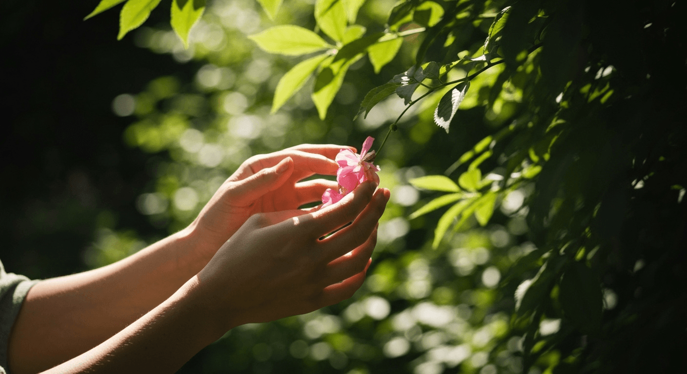 Hands touching flower petals in sunlit garden. Hands touching flower petals in sunlit garden.