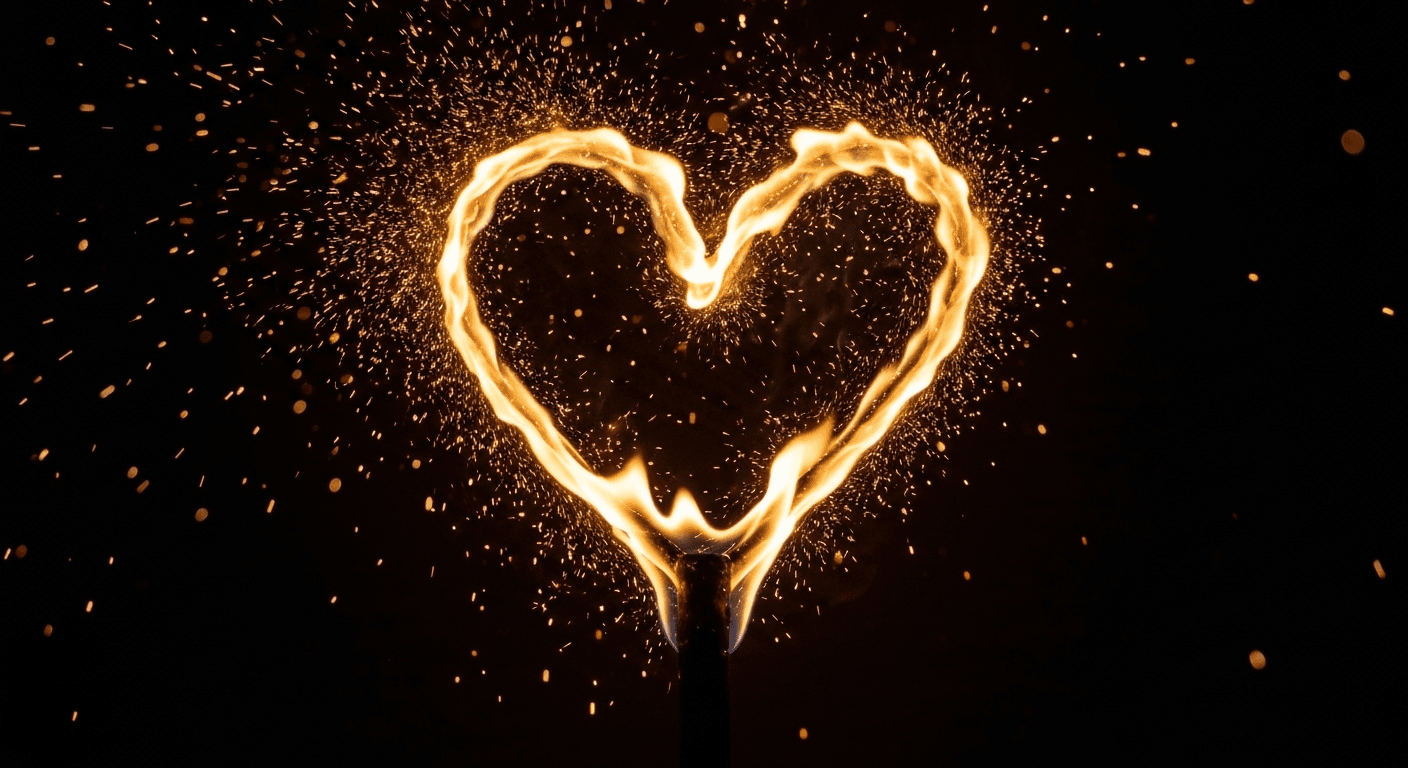 Heart-shaped flame with sparks against dark backdrop. Heart-shaped flame with sparks against dark backdrop.