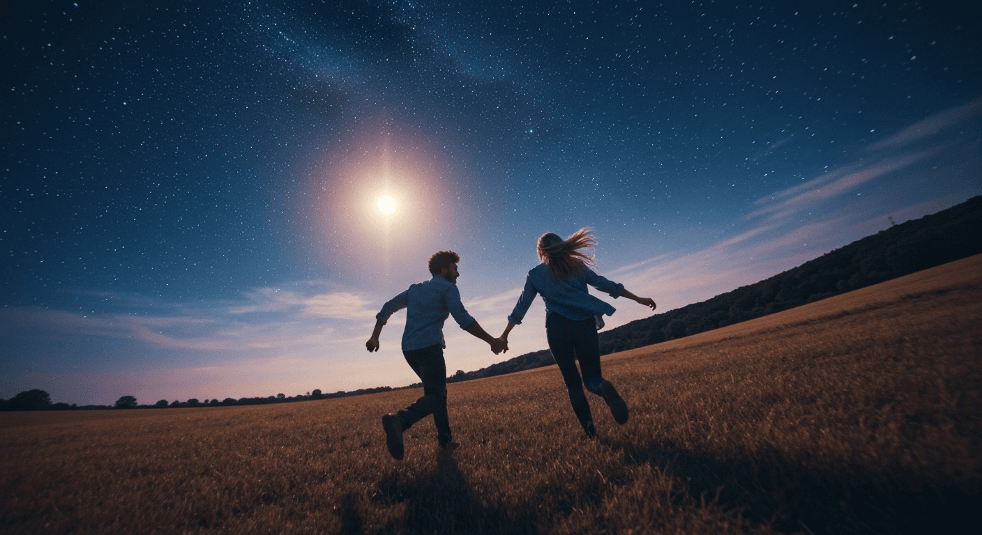 Two lovers running hand-in-hand through starlit field. Two lovers running hand-in-hand through starlit field.