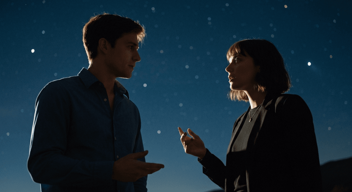 Two people conversing under starlit night sky. Two people conversing under starlit night sky.