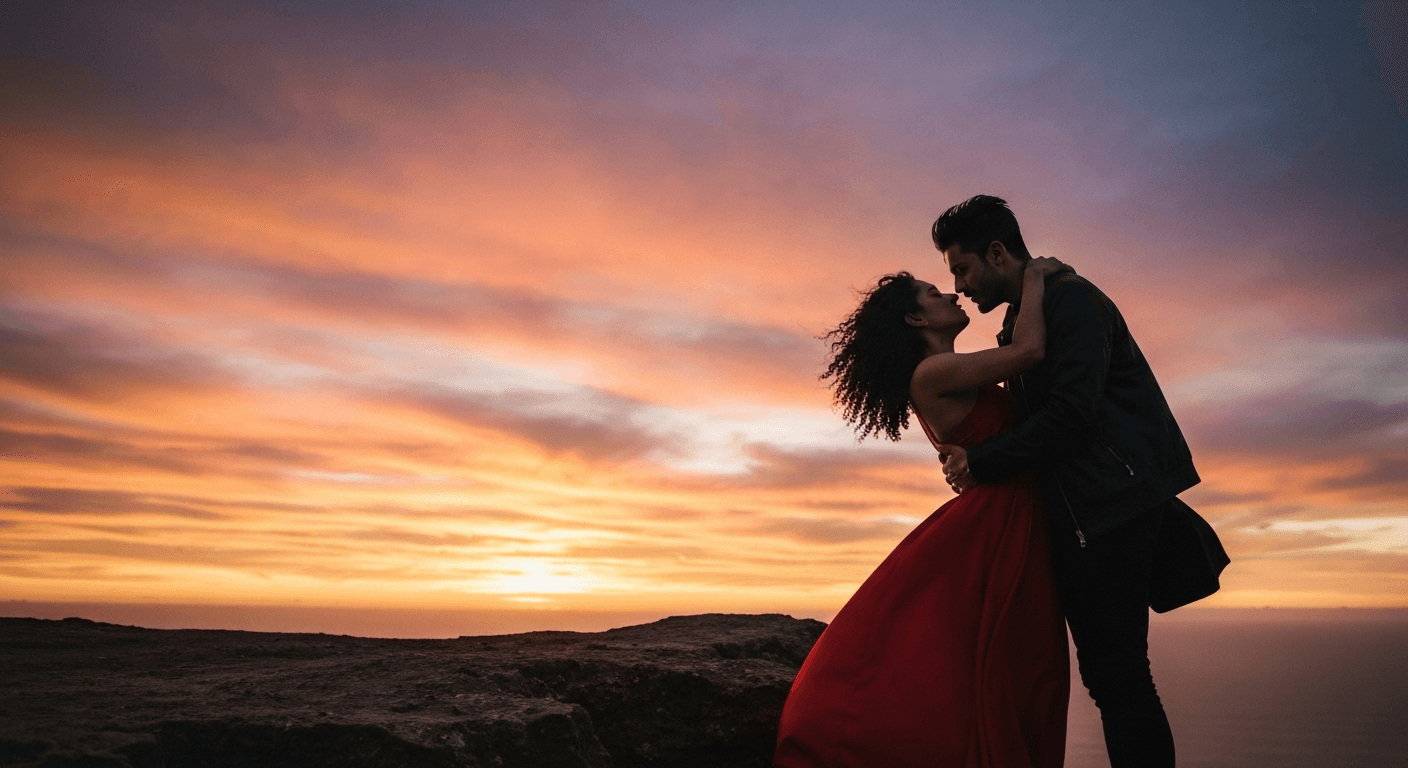 Two silhouettes embracing passionately on cliff edge. Two silhouettes embracing passionately on cliff edge.