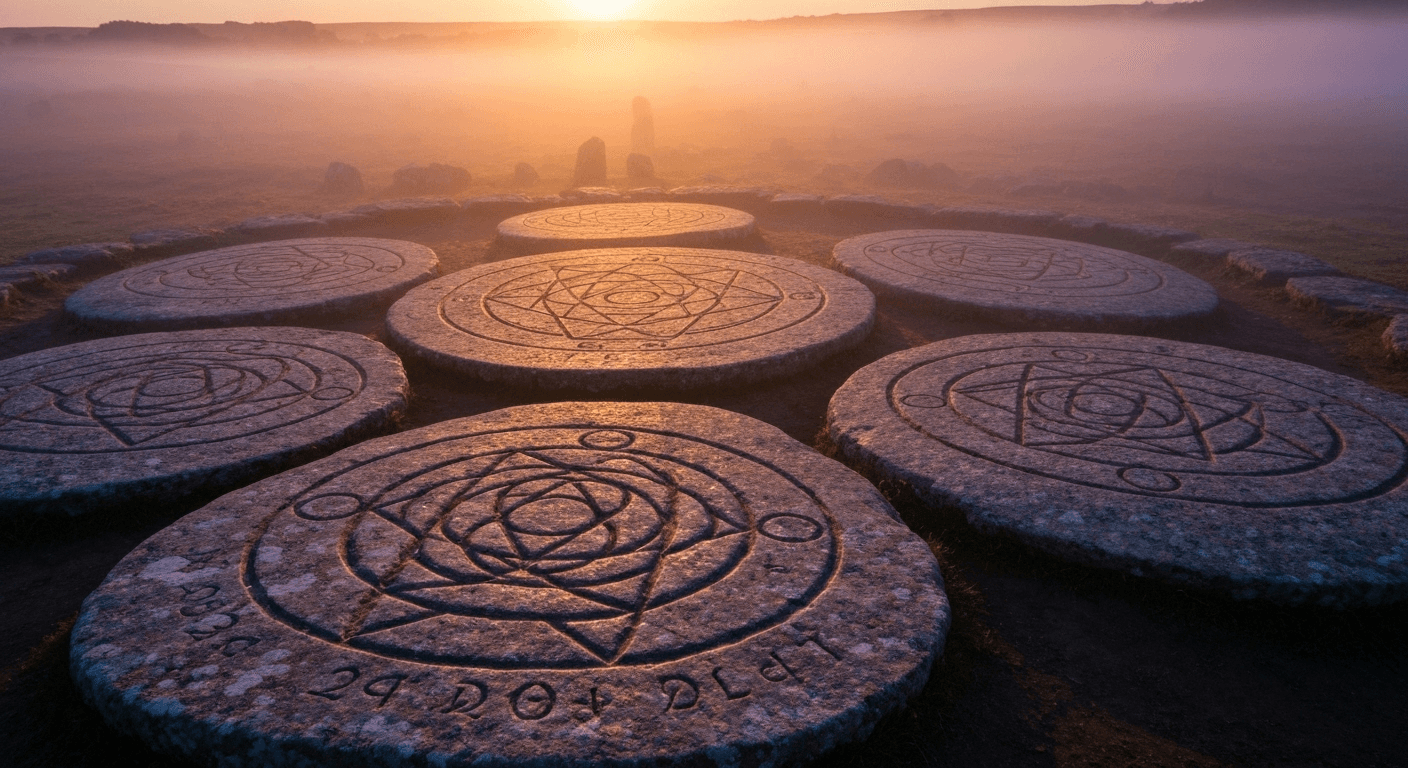 Ancient stone circle with carved number patterns. Ancient stone circle with carved number patterns.