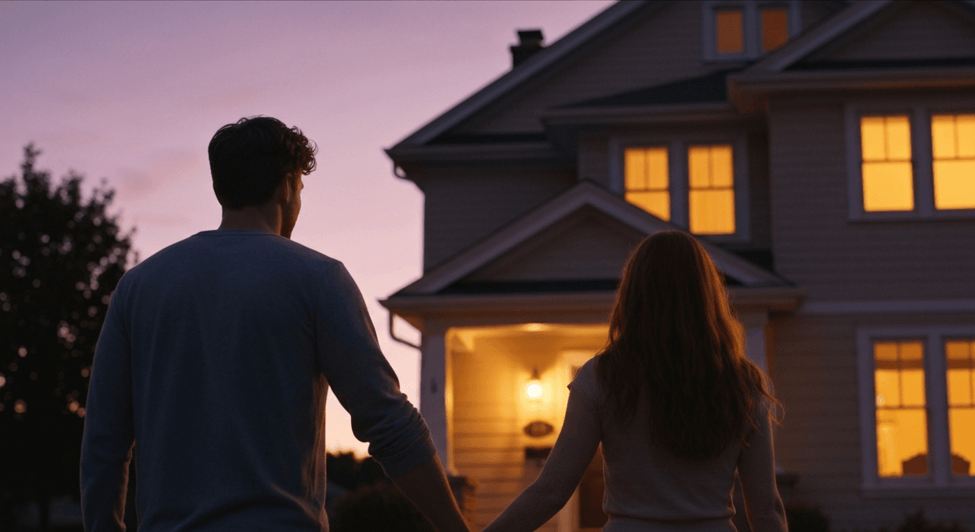 Couple walking toward illuminated home at golden hour. Couple walking toward illuminated home at golden hour.