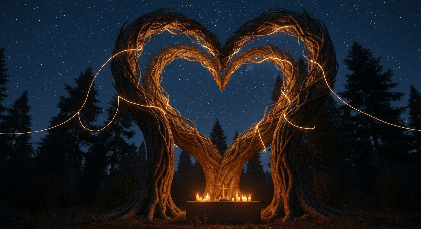 Glowing tree branches forming hearts against starry sky. Glowing tree branches forming hearts against starry sky.
