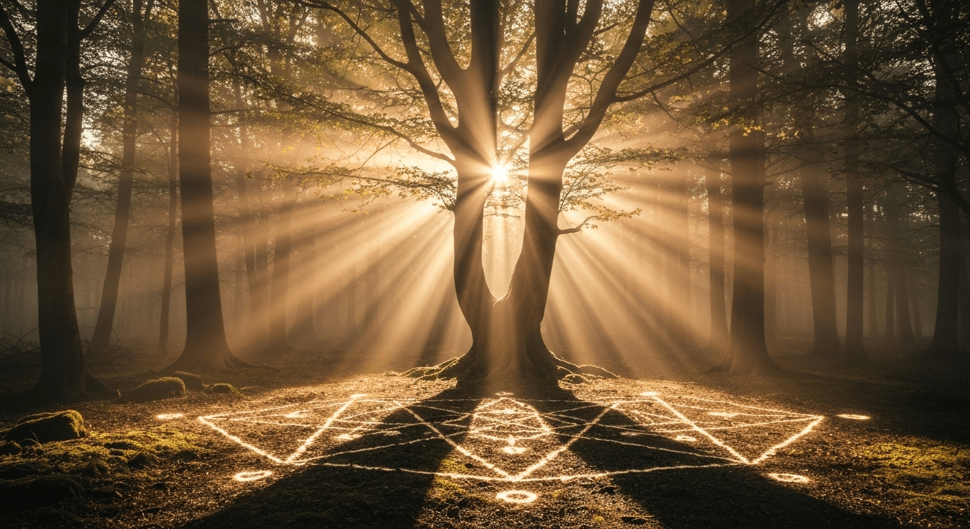 Golden light streaming through misty ancient forest. Golden light streaming through misty ancient forest.