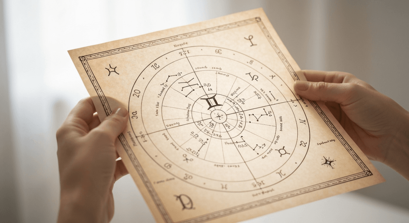 Hands holding birth chart with astrological symbols. Hands holding birth chart with astrological symbols.