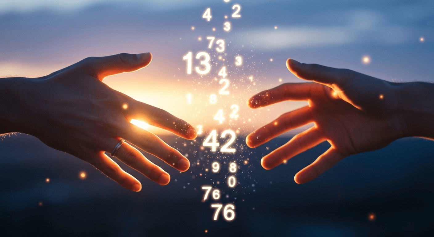 Hands reaching toward floating luminous number sequences. Hands reaching toward floating luminous number sequences.