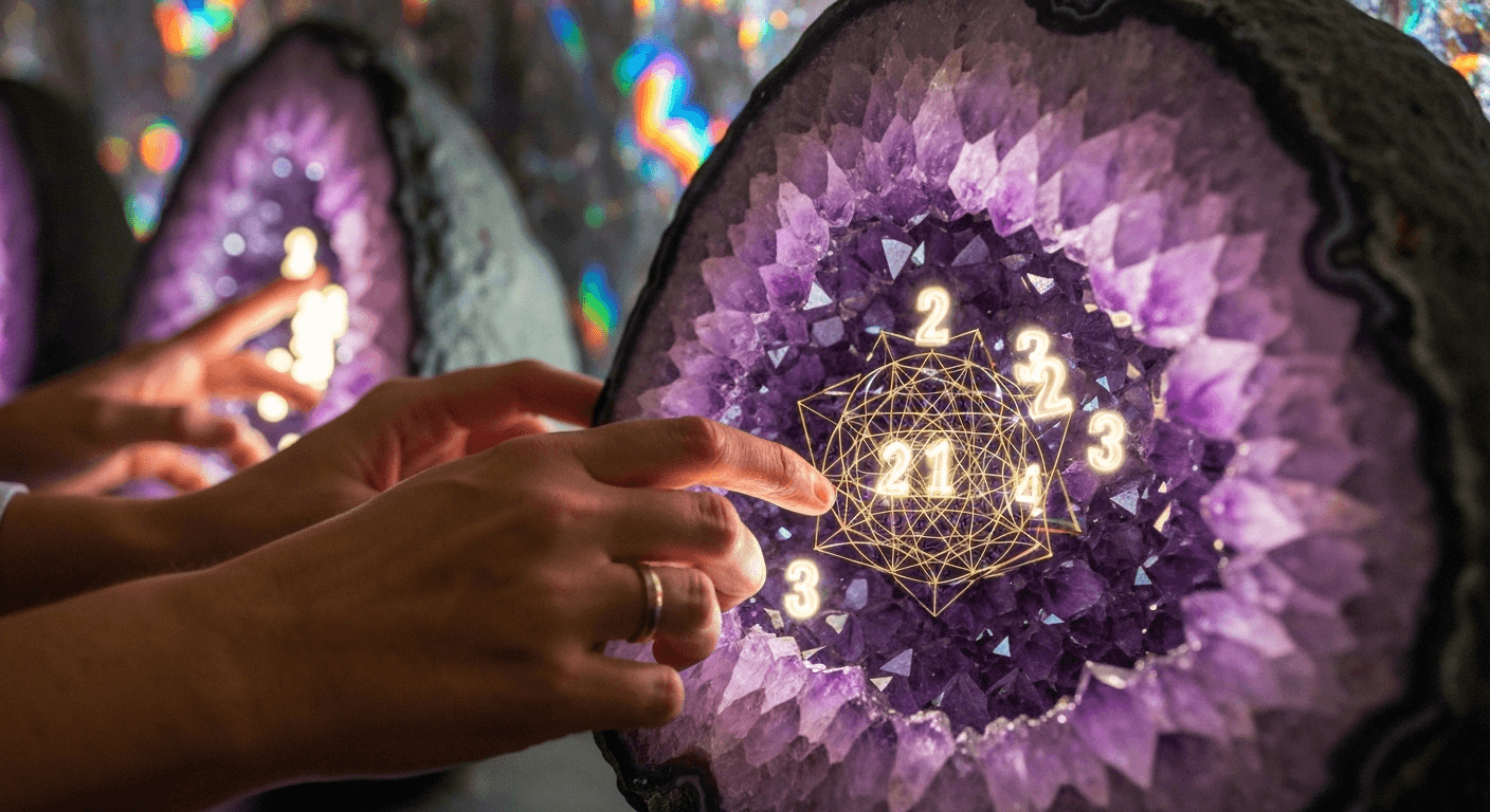 Hands tracing luminous patterns in crystalline formations. Hands tracing luminous patterns in crystalline formations.