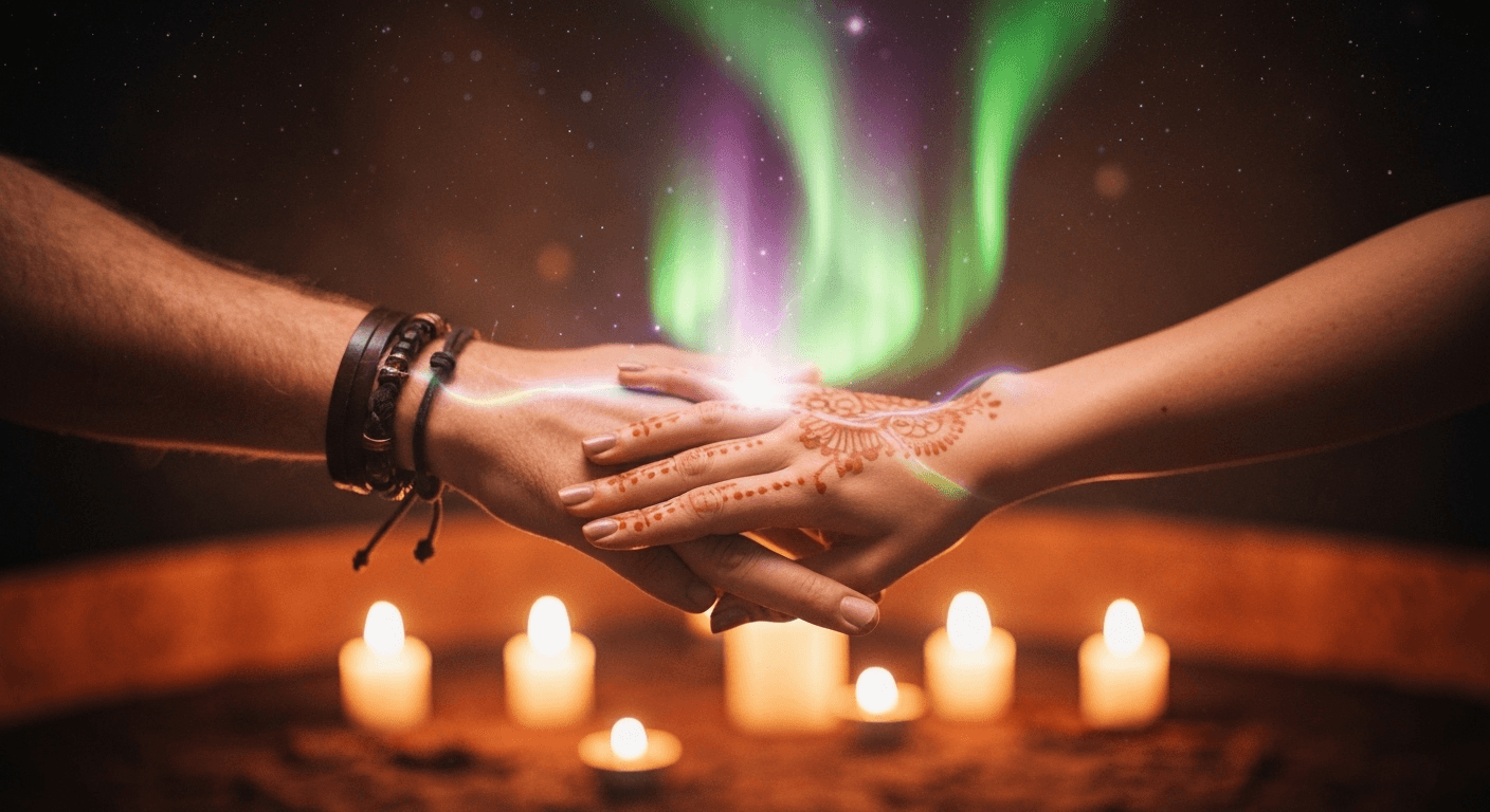 Intertwined hands with aurora energy, candlelight glow. Intertwined hands with aurora energy, candlelight glow.