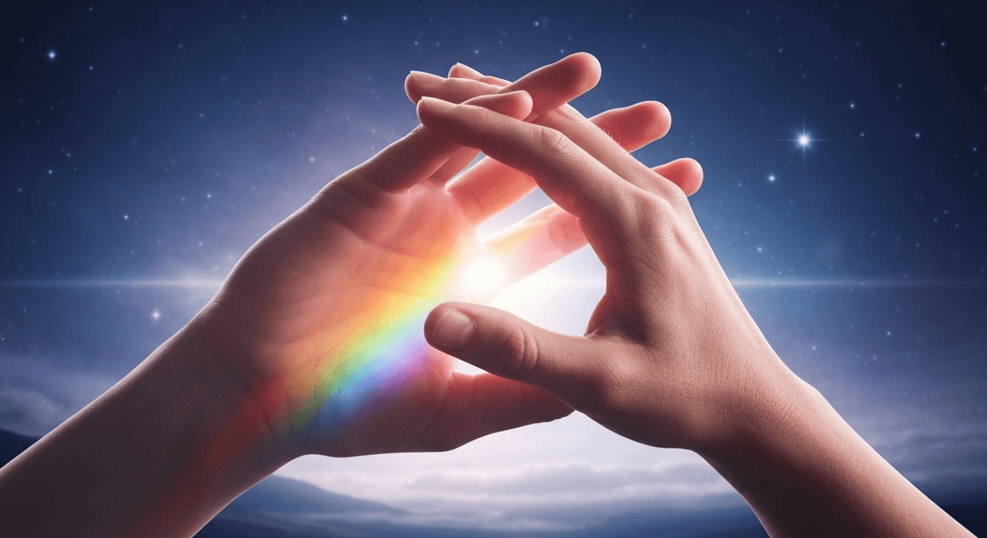Intertwined hands with rainbow light, cosmic background. Intertwined hands with rainbow light, cosmic background.