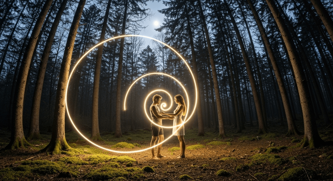 Luminous spiral connecting two figures in moonlit forest. Luminous spiral connecting two figures in moonlit forest.