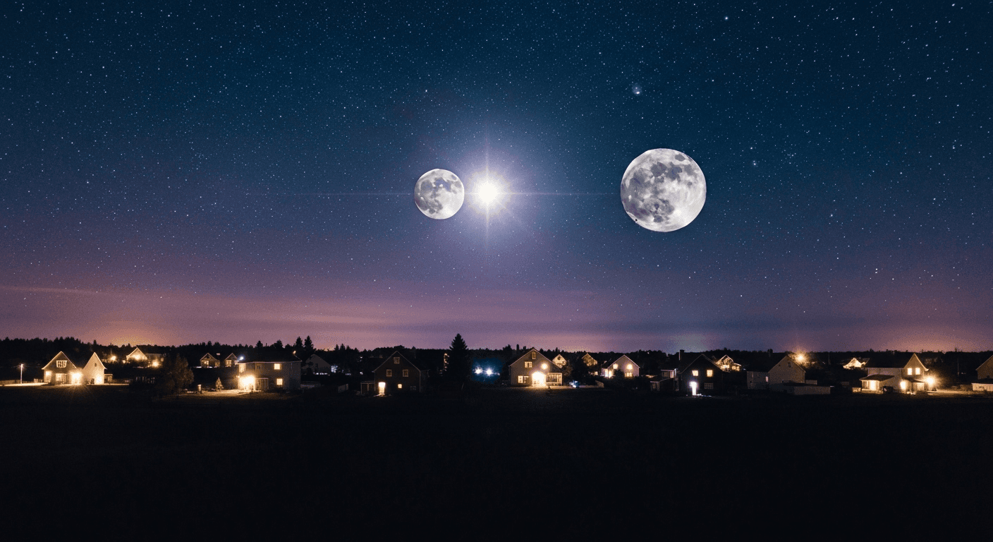 Planets above illuminated houses under starry sky. Planets above illuminated houses under starry sky.