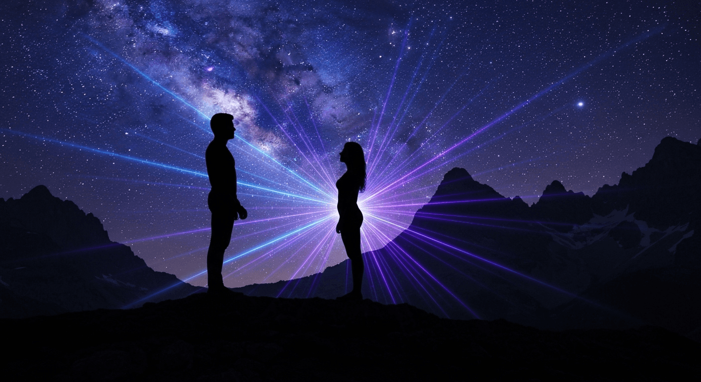Two silhouettes connected by energy under moonlight. Two silhouettes connected by energy under moonlight.