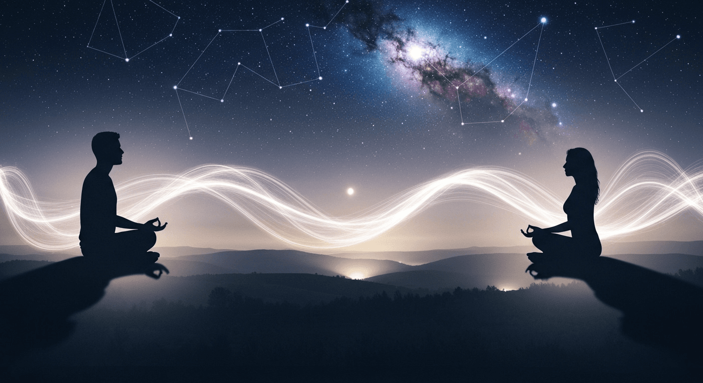 Two silhouettes connected by flowing light energy. Two silhouettes connected by flowing light energy.