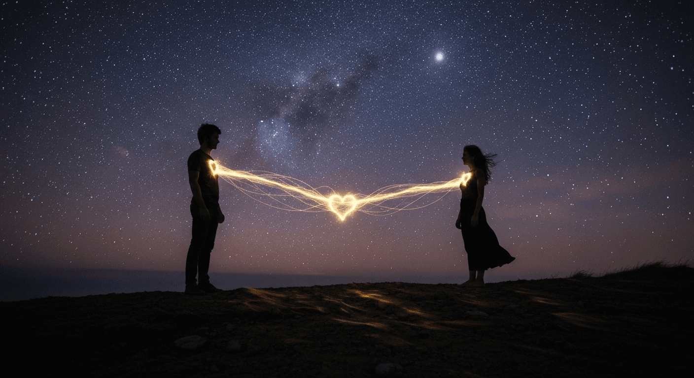 Two silhouettes connected by golden heart energy. Two silhouettes connected by golden heart energy.