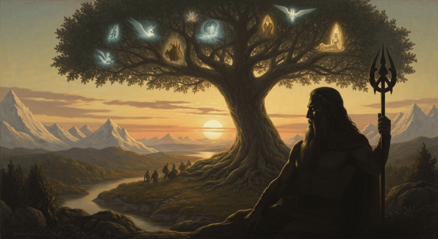 Ancient nordic Yggdrasil tree with Odin silhouette. Ancient nordic Yggdrasil tree with Odin silhouette.